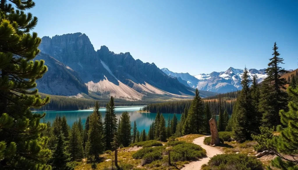 A picturesque landscape of the majestic Sierra Nevada mountain range, with rugged granite peaks reaching up to the sky. In the foreground, a pristine alpine lake reflects the surrounding mountains and forest, its crystal-clear waters shimmering in the warm sunlight. Lush evergreen trees line the shores, their branches swaying gently in the soft breeze. The mid-ground features a winding trail leading through the wilderness, inviting the viewer to explore the serene and untouched beauty of this hidden gem in the Tahoe National Forest. The background is dominated by the imposing silhouettes of the snow-capped Sierra Nevada peaks, bathed in a warm, golden light that creates a sense of tranquility and wonder.