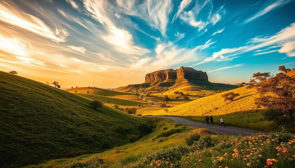 A picturesque landscape showcasing the best day trips from Zaria, Nigeria. A winding road cuts through lush, rolling hills dotted with vibrant wildflowers. In the distance, a towering, ancient rock formation rises up, casting long shadows across the scene. The sky is a brilliant azure, with wispy white clouds drifting overhead, illuminated by warm, golden sunlight that filters through the trees. People are enjoying the outdoors, hiking along the trail or picnicking on the grass. The overall atmosphere is one of tranquility, adventure, and natural beauty, capturing the essence of the top day trip destinations near Zaria.