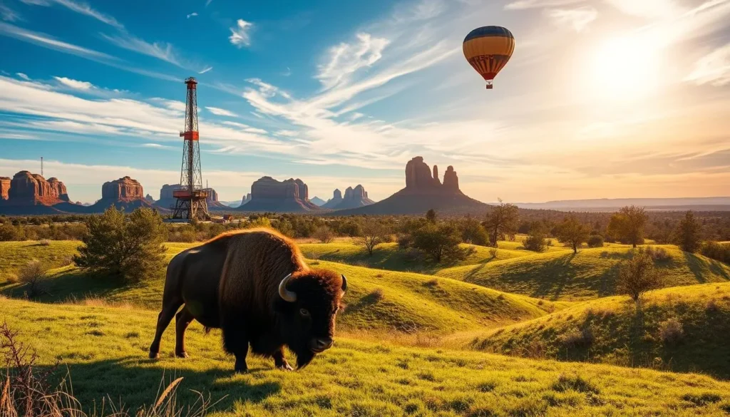 A picturesque landscape showcasing the diverse attractions of Oklahoma, USA. In the foreground, a majestic bison grazes amidst rolling green hills, while in the middle ground, a towering oil derrick stands as a testament to the state's energy industry. The background features the iconic red rock formations of the Wichita Mountains, bathed in the warm glow of a sun-dappled sky. A hot air balloon drifts serenely overhead, adding a touch of whimsy to the scene. The overall atmosphere conveys a sense of natural beauty, rich history, and the enduring spirit of the American West.