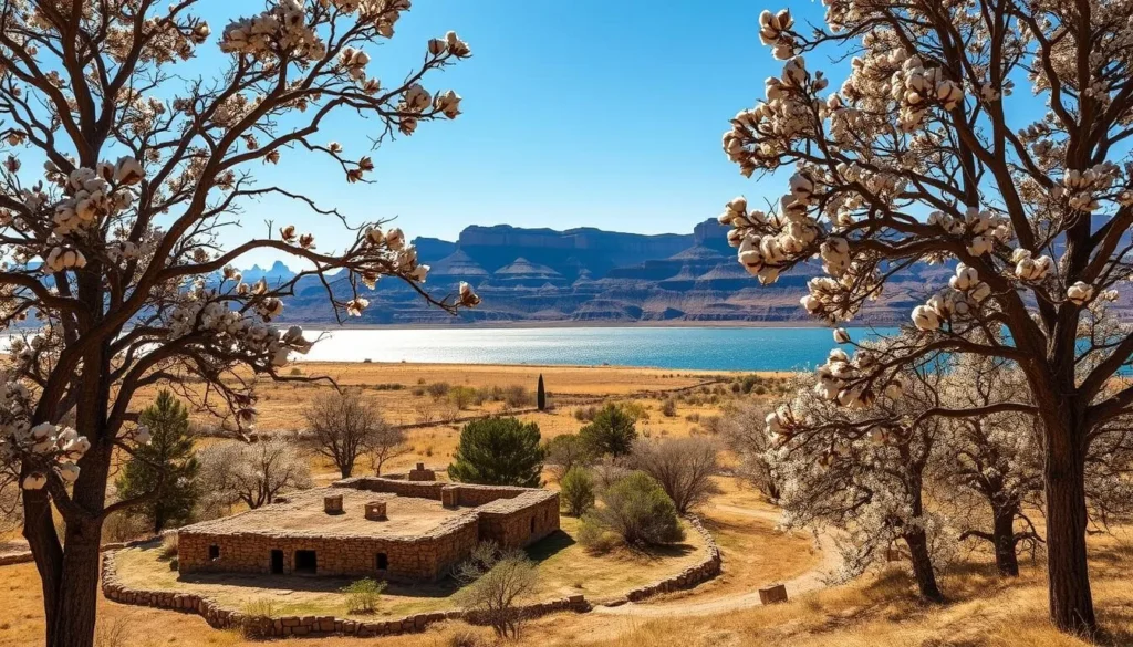 A picturesque landscape showcasing the historical sites near the serene shores of Lake Sakakawea. In the foreground, a well-preserved Native American settlement nestled amongst towering cottonwood trees, their branches casting soft shadows on the earthen dwellings. In the middle ground, the iconic geologic formations of the Badlands rise majestically, their rugged cliffs and ravines hinting at the region's ancient past. Towards the horizon, the glistening waters of the lake stretch out, reflecting the clear blue sky above. The scene is bathed in warm, golden sunlight, creating a sense of timeless tranquility and inviting exploration of this remarkable cultural and natural heritage.