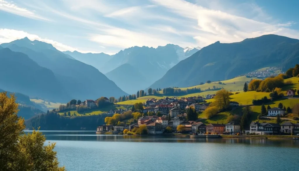 A picturesque landscape showcasing the idyllic day trips from the historic town of Bellinzona, Switzerland. In the foreground, a serene lake reflects the surrounding mountains, their peaks capped with snow. In the middle ground, quaint villages with colorful buildings and cobblestone streets dot the rolling hills. The background is dominated by the majestic Alps, their jagged silhouettes casting long shadows across the verdant valleys. Warm sunlight filters through wispy clouds, illuminating the scene with a golden glow. Capture the tranquility and natural beauty that draw visitors to explore the captivating day trip destinations near Bellinzona.