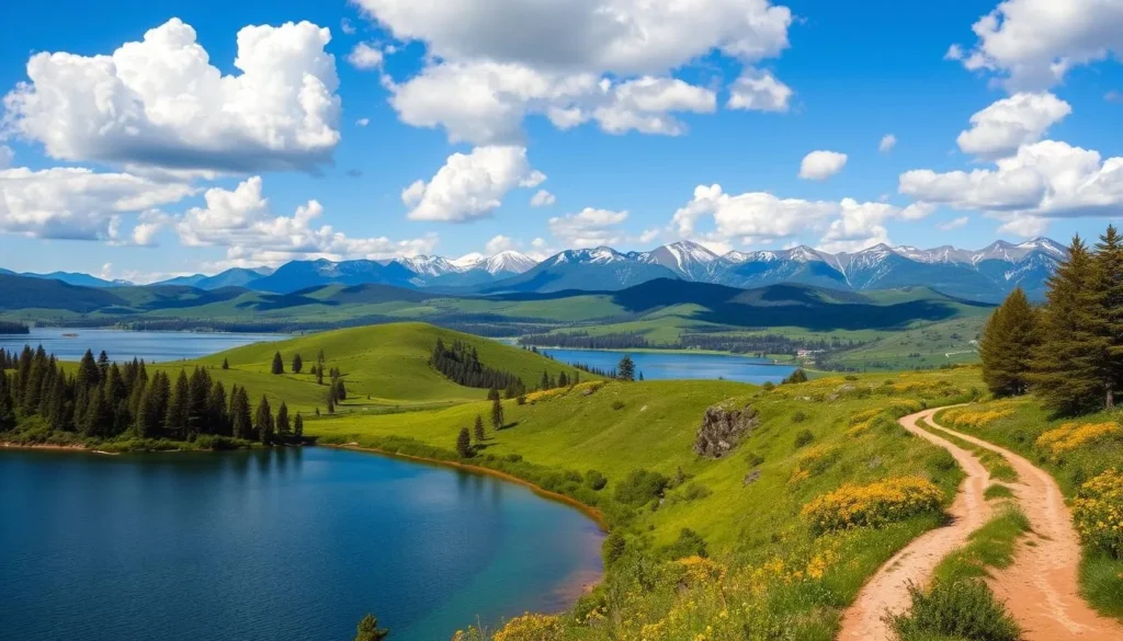 A picturesque landscape showcasing the natural beauty surrounding Goose Lake, California. In the foreground, a serene lake reflects the azure sky and fluffy white clouds. Dotting the shoreline, lush green trees and vibrant wildflowers create a tranquil ambiance. In the middle ground, rolling hills covered in verdant meadows lead to distant mountain peaks, their snow-capped summits glistening in the warm sunlight. A dirt trail winds through the scenery, inviting visitors to explore the scenic day trip destinations nearby. The overall scene exudes a sense of peacefulness and adventure, capturing the essence of the best things to do around Goose Lake.