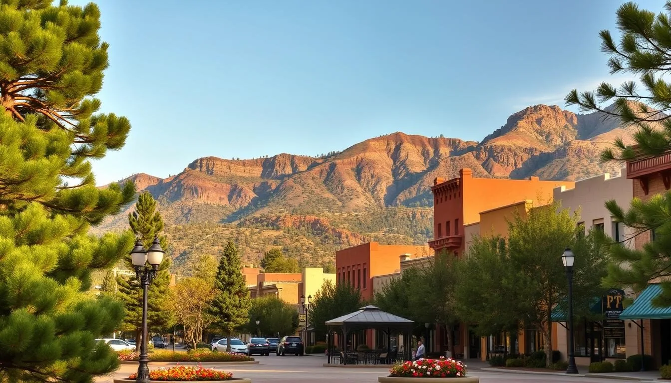 A picturesque landscape showcasing the natural wonders of Silver City, New Mexico. In the foreground, a lush, verdant plaza with towering pine trees and blooming flower beds. In the middle ground, the historic downtown buildings in warm, earthy tones, their facades adorned with adobe-style architecture. In the background, the rugged and majestic Gila National Forest, its rolling hills and craggy peaks bathed in soft, golden sunlight. The scene exudes a sense of tranquility and small-town charm, inviting the viewer to explore the city's rich cultural heritage and outdoor recreational opportunities.