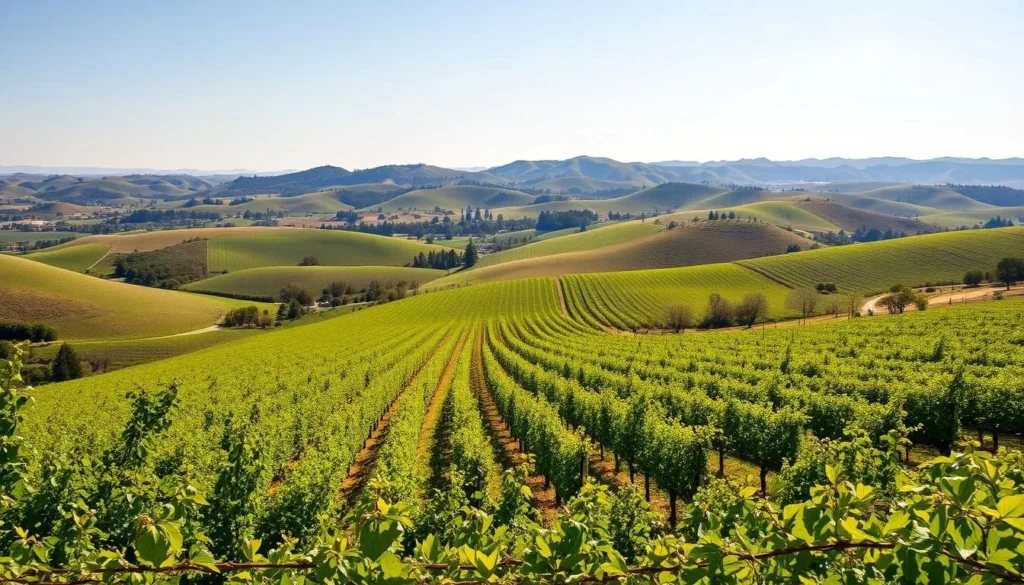 A picturesque landscape showcasing the rolling hills and lush vineyards of the Lodi wine region. Capture the region's distinct geography, with rows of grapevines stretching across the middle ground, framed by gentle slopes and verdant foliage in the foreground and background. Depict a bright, sunny day with warm, golden light filtering through the scene, casting soft shadows and highlighting the vibrant colors of the vegetation. Utilize a wide-angle lens to encompass the expansive, panoramic view, conveying the scale and grandeur of the Lodi wine country. Craft an image that evokes a sense of tranquility, natural beauty, and the essence of the Lodi wine-growing landscape.