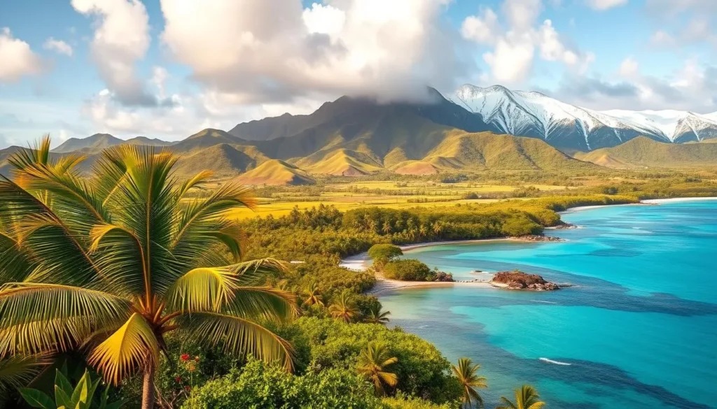 A picturesque landscape showcasing the two distinct seasons of the Wallis and Futuna islands. In the foreground, a lush tropical paradise with swaying palm trees, vibrant flowers, and a crystal-clear turquoise lagoon. The middle ground features rolling hills and verdant vegetation, hinting at the region's verdant summer. The background reveals a dramatic shift, with the landscape blanketed in a soft, powdery layer of snow, capturing the islands' mild, temperate winter. The scene is bathed in warm, golden light, creating a serene and inviting atmosphere. The composition captures the natural beauty and diversity of the Wallis and Futuna archipelago throughout the year.