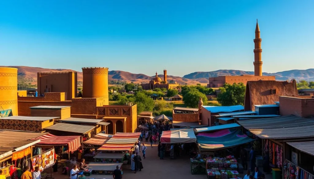 A picturesque landscape showcasing the vibrant culture and architectural marvels of Bobo-Dioulasso, Burkina Faso. In the foreground, a bustling marketplace with vibrant stalls selling colorful textiles, intricate handicrafts, and local produce. Towering adobe buildings with intricate patterns and mud-brick architecture in the middle ground, casting warm shadows on the lively scene. In the background, the iconic Grand Mosque, its minaret reaching towards the clear blue sky, surrounded by lush greenery and the rolling hills of the West African countryside. Warm, natural lighting illuminates the entire scene, creating a rich, inviting atmosphere that captures the essence of this remarkable destination.