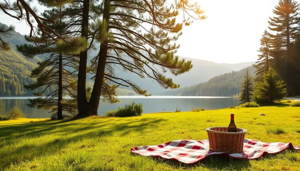 A picturesque meadow beside a serene lake, surrounded by lush green hills and towering pine trees. In the foreground, a cozy picnic setup with a checkered blanket, wicker basket, and a bottle of wine. Sunlight filters through the branches, creating a warm, golden glow. A gentle breeze rustles the leaves, and a few birds can be seen soaring overhead. The atmosphere is one of tranquility and relaxation, inviting visitors to pause, unwind, and savor the beauty of the natural surroundings.