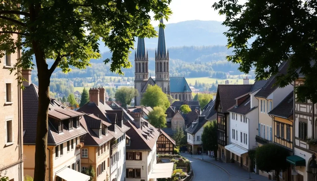 A picturesque medieval town nestled along the banks of the Sarine River, Fribourg's historic old town is a harmonious blend of Gothic architecture and cobblestone streets. In the foreground, quaint half-timbered houses and colorful facades line the winding lanes, while the iconic Fribourg Cathedral, with its soaring twin spires, commands the middle ground. Sunlight filters through the surrounding trees, casting warm hues across the scene. In the background, the rolling hills of the Swiss countryside provide a tranquil backdrop, completing the charming, quintessentially European atmosphere.