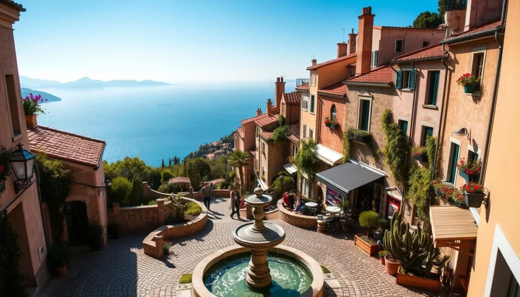 A picturesque medieval village nestled atop a rocky promontory, Eze village offers breathtaking vistas of the French Riviera. Narrow cobblestone streets wind through quaint stone houses, their pastel-colored facades adorned with climbing vines and flower-filled window boxes. In the foreground, a fountain glistens in the warm Mediterranean sunlight, surrounded by locals and tourists exploring the charming alleyways. The middle ground features the iconic Jardin Exotique, a lush garden showcasing a diverse array of cacti and succulents. In the background, the deep blue of the Côte d'Azur sea meets the hazy silhouettes of the distant Alps, creating a serene and picturesque landscape.