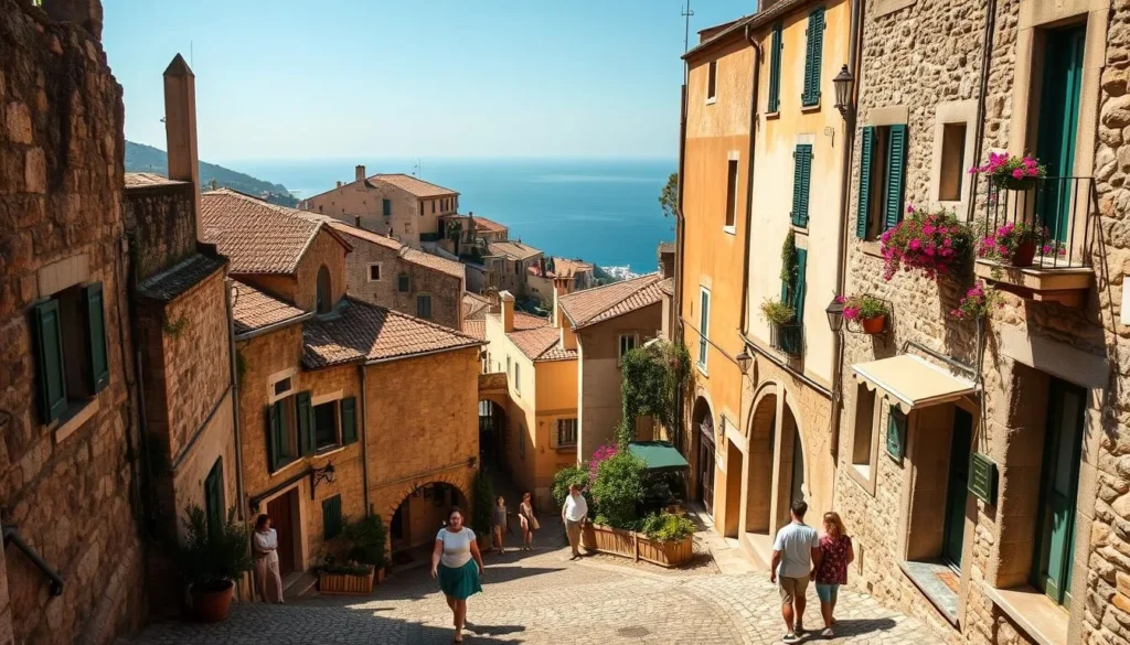 A picturesque medieval village nestled on a rocky hillside, Èze's narrow, winding cobblestone streets are flanked by quaint stone houses and charming flower-filled balconies. Sunlight casts a warm glow, highlighting the intricate architectural details and creating deep shadows that accentuate the village's timeless character. In the foreground, a family strolls leisurely, taking in the serene atmosphere. Beyond, the middle ground reveals enchanting passageways that invite further exploration, while the distant background showcases the stunning Mediterranean coastline. This tranquil scene captures the essence of wandering through Èze's picturesque streets, inviting the viewer to immerse themselves in the village's captivating charm.