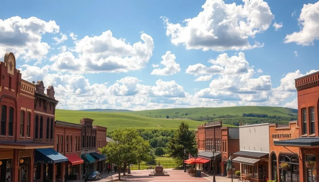 A picturesque midwestern town nestled along the banks of the placid Little Blue River, Hastings, Nebraska beckons visitors to explore its charming historic district. In the foreground, quaint brick buildings with ornate facades line the bustling main street, their colorful awnings swaying gently in the warm summer breeze. A tree-lined plaza in the middle ground invites passersby to linger, surrounded by local shops and cafes. In the background, the rolling green hills of the Heartland stretch out towards a brilliant azure sky, dotted with fluffy white clouds. Warm, golden sunlight filters through the scene, casting a serene, inviting atmosphere that captures the essence of this hidden Nebraskan gem.