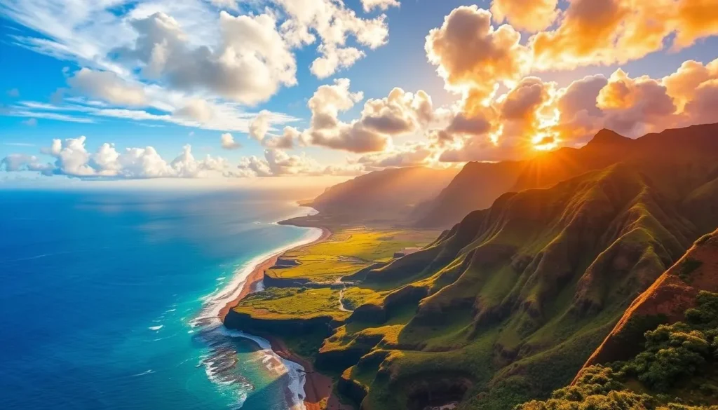 A picturesque month-by-month guide to the weather on the lush, tropical island of Kauai. In the foreground, a vibrant panorama showcases the island's diverse microclimates - from the sun-drenched beaches of the north shore to the misty, emerald-green valleys of the interior. The middle ground features iconic Kauai landmarks like the Napali Coast and Mount Waialeale, bathed in warm, golden light. The background depicts a radiant sky transitioning through the seasons, from azure blue skies dotted with fluffy cumulus clouds to dramatic, color-shifting sunsets. The overall scene conveys the idyllic, ever-changing weather that makes Kauai a premier Hawaiian destination year-round.