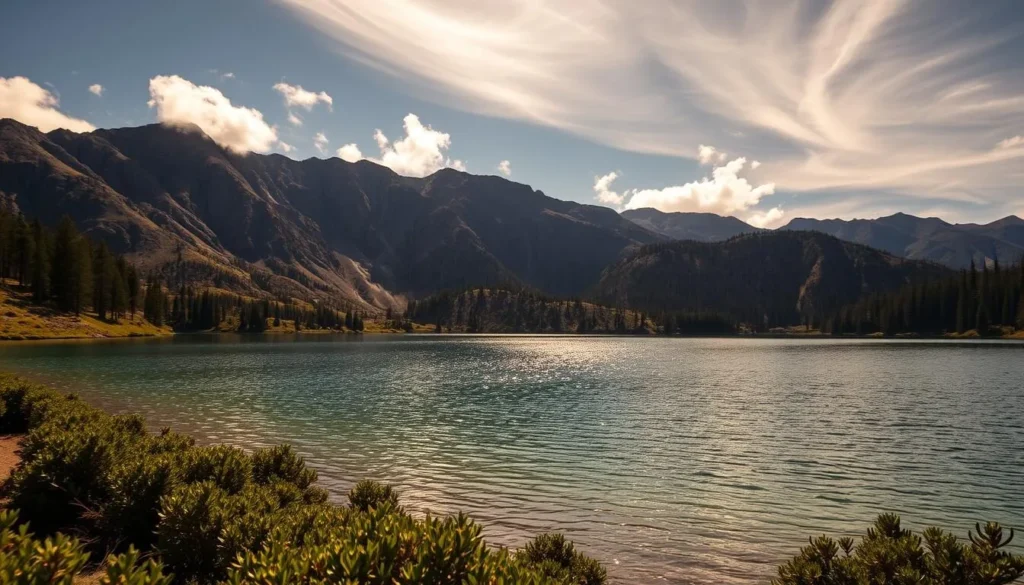 A picturesque mountain lake nestled amid the majestic San Bernardino peaks, Baldwin Lake sparkles under a warm, golden sun. In the foreground, crystalline waters reflect the rugged, pine-forested slopes that rise dramatically from the shoreline. Wispy clouds drift overhead, casting soft shadows that dance across the serene surface. Lush, verdant vegetation lines the banks, creating a serene, natural atmosphere. The scene is bathed in a warm, atmospheric light, capturing the tranquil beauty and unspoiled grandeur of this pristine alpine setting.