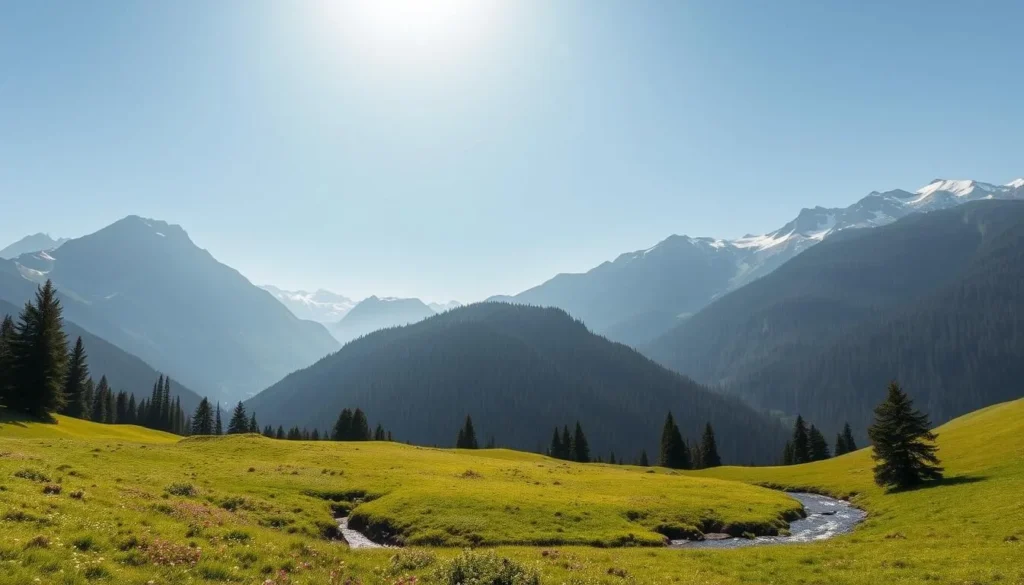 A picturesque mountain landscape in the Zürcher Oberland, Switzerland, on a bright sunny day. In the foreground, a lush alpine meadow with wildflowers and a crystal-clear stream winding through. Towering peaks reach into the cloudless sky, their snow-capped summits glittering in the warm afternoon light. In the middle ground, dense evergreen forests cover the rolling hills, providing a tranquil backdrop. Soft, diffused sunlight filters through the canopy, casting gentle shadows and creating an atmosphere of peaceful serenity. The scene evokes a sense of serene adventure, inviting the viewer to immerse themselves in the natural splendor of the Zürcher Oberland.
