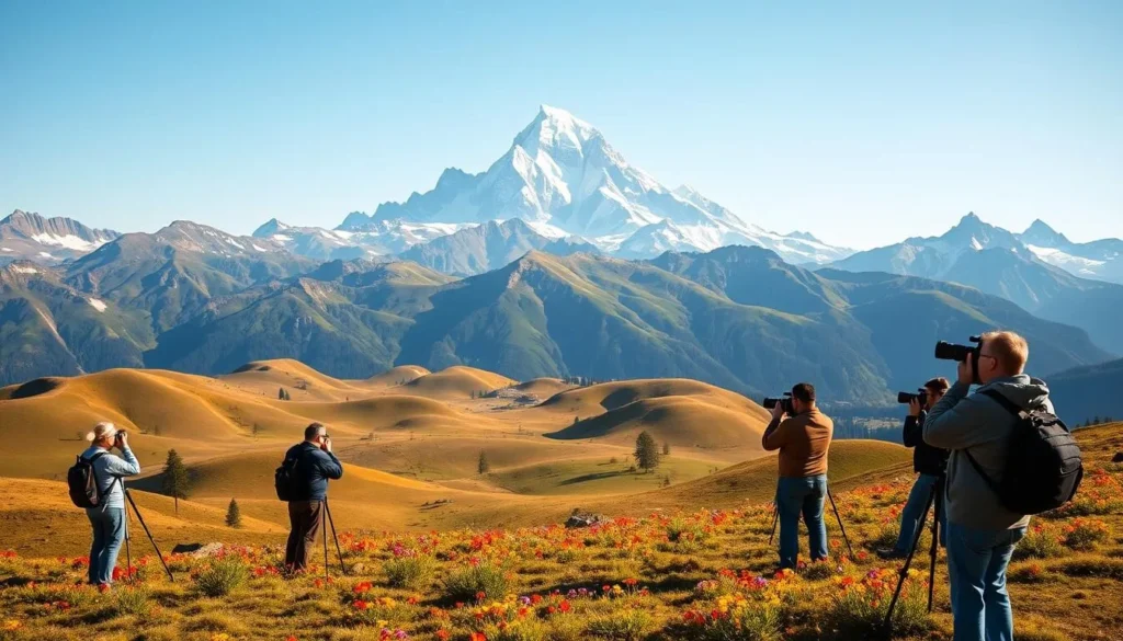 A picturesque mountain landscape, with the imposing Dom towering in the background. The foreground features a group of photographers capturing the stunning scenery, their cameras and tripods positioned to make the most of the dramatic lighting and sweeping vistas. The middle ground showcases rolling hills and lush alpine meadows, dotted with vibrant wildflowers. The background is dominated by the majestic Dom, its snow-capped peaks glowing in the warm sunlight. The scene conveys a sense of awe and tranquility, inviting the viewer to explore this captivating natural wonder.