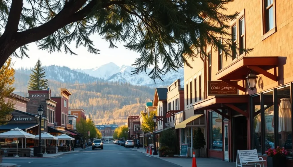 A picturesque mountain town nestled in the heart of the Cascade Range, Bend, Oregon, is a dreamscape of snow-capped peaks, towering pines, and vibrant local life. Capture the essence of this quintessential Pacific Northwest gem with a wide-angle lens, showcasing the town's charming main street lined with cozy cafes and boutiques, framed by the majestic Cascade mountains in the background. Bathe the scene in warm, golden afternoon light, casting a soft, inviting glow over the quaint, historic architecture. Infuse the image with a sense of tranquility and adventure, evoking the perfect mountain town getaway.