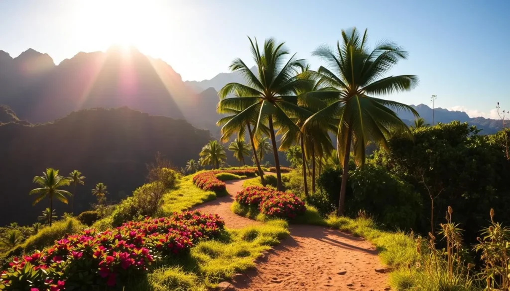 A picturesque mountain trail winds through a lush, verdant landscape, with towering peaks rising in the distance. The sun casts a warm, golden glow over the scene, casting long shadows across the path. Tall, swaying palm trees line the trail, their fronds rustling gently in the soft breeze. In the foreground, the path is well-maintained, with a smooth, packed earth surface, making it easy for hikers to traverse. The middle ground is filled with a diverse array of tropical foliage, including vibrant flowers and lush, green vegetation. The background is dominated by the majestic Lanai mountains, their rugged peaks standing tall against the clear, azure sky.