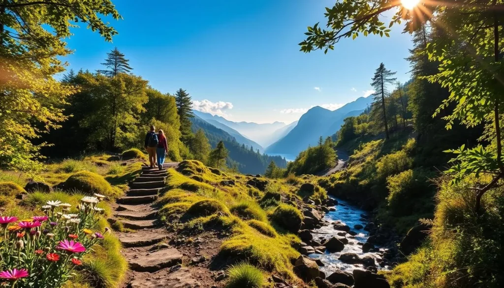A picturesque mountain trail winds through lush, verdant foliage, as hikers ascend toward the majestic peaks. Sunlight filters through the canopy, casting a warm, golden glow over the scene. In the foreground, a well-trodden path leads the way, flanked by vibrant wildflowers and mossy rocks. The middle ground reveals a serene stream, its gentle currents reflecting the surrounding landscape. In the distance, the towering mountains rise, their snow-capped summits piercing the azure sky. An atmosphere of tranquility and adventure permeates the air, inviting the viewer to embark on an exhilarating journey through the natural splendor of the Blantyre highlands.