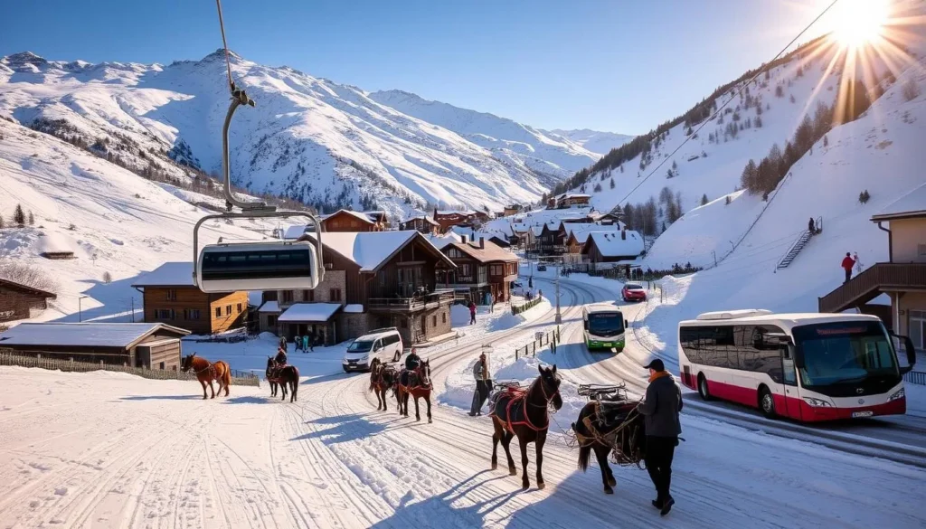 A picturesque mountain village nestled in the French Alps, Val d'Isère is a winter wonderland of transportation options. In the foreground, a pristine chairlift glides silently across the powdery slopes, ferrying skiers and snowboarders to the summit. In the middle ground, horse-drawn sleighs trot along the quaint, snow-dusted streets, capturing the timeless charm of the region. In the background, modern ski buses and shuttles navigate the winding roads, efficiently connecting the village to the surrounding ski areas. The scene is bathed in the warm, golden glow of an alpine sun, casting a cozy and inviting atmosphere over the entire tableau.