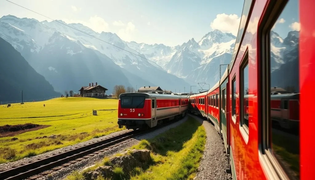 A picturesque narrow-gauge train winding through the stunning alpine landscapes of Graubünden, Switzerland. Capture the vibrant red and silver engine gliding along the tracks, framed by majestic snow-capped peaks and lush green meadows. Sunlight dances across the carriages, casting warm shadows and highlighting the traditional Swiss architecture in the distance. The train's sleek design and the tranquil, serene atmosphere convey the relaxed, comfortable pace of travel through this breathtaking region. Utilize a medium-wide angle lens to showcase the dramatic scale of the mountainous backdrop and the graceful curves of the tracks leading the eye through the scene.