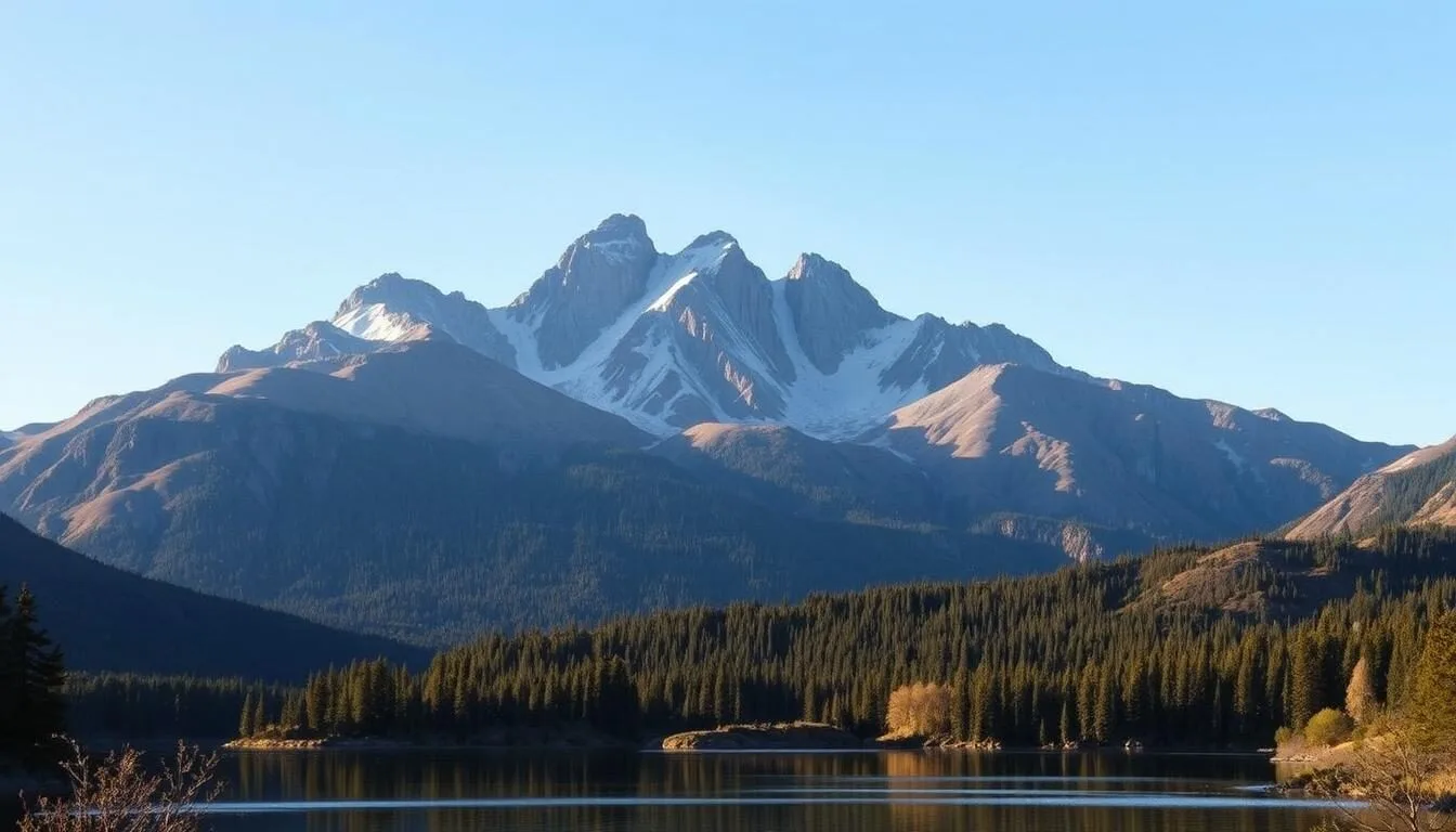 A picturesque northern California landscape, bathed in soft, golden afternoon light. In the foreground, a tranquil lake reflects the surrounding rugged hills and evergreen forests. Towering, snow-capped peaks rise majestically in the distance, their jagged silhouettes contrasted against a clear, azure sky. The scene exudes a sense of serene, untamed beauty, inviting the viewer to explore the natural wonders of this breathtaking region. Capture the essence of this idyllic California locale with a wide-angle lens, highlighting the perfect balance of land, water, and sky.