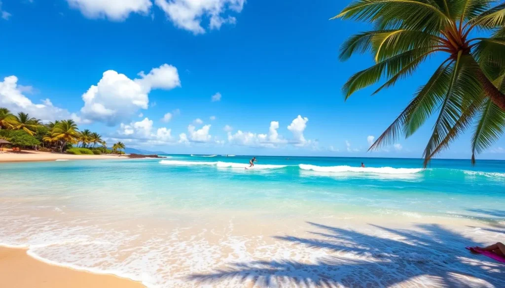 A picturesque ocean scene during the summer months at Sunset Beach Park, Oahu. Pristine turquoise waters gently lapping at the golden sandy shores, framed by lush palm trees swaying in the warm breeze. Fluffy white clouds dot the bright blue sky, casting soft shadows over the tranquil beach. The sun's rays glisten on the water's surface, creating a serene and inviting atmosphere. Surfers glide effortlessly on the rolling waves, while beachgoers relax on towels and enjoy the idyllic setting. Capture the essence of a quintessential Hawaiian summer day at this iconic beach location.