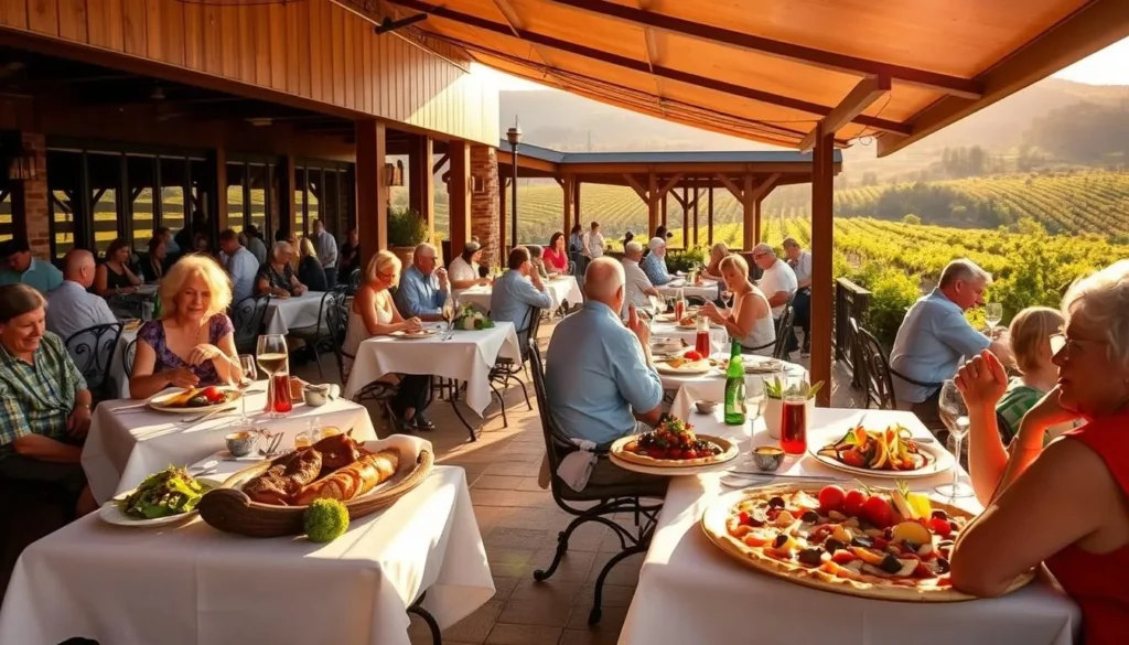 A picturesque outdoor dining scene in Rogue Valley, Oregon, featuring a lively alfresco restaurant with white tablecloths and wrought-iron furnishings. Diverse local cuisine is showcased, from juicy steaks and fresh seafood to vibrant farm-to-table salads and artisanal wood-fired pizzas. The warm, golden sunlight casts a soft glow over the scene, complemented by the rustic charm of the surrounding vineyards and rolling hills. Diners engage in lively conversation, savoring the flavors of the region's renowned culinary offerings. The overall atmosphere exudes a sense of relaxation and indulgence, inviting viewers to immerse themselves in Ashland's celebrated food culture.