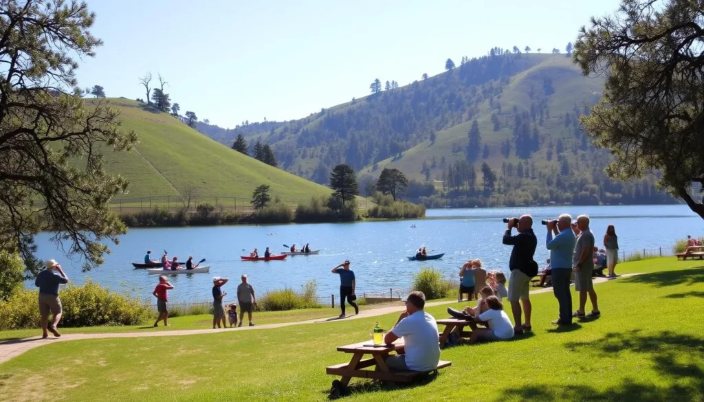 A picturesque outdoor scene at Nipomo Reservoir, California. Visitors kayaking on the serene waters, surrounded by lush green hills and towering trees. In the foreground, hikers strolling along the well-maintained trails, taking in the tranquil atmosphere. The sun shines brightly, casting a warm glow across the landscape. Birdwatchers with binoculars observe the diverse wildlife, from soaring raptors to vibrant songbirds. Families picnicking on the grassy banks, enjoying the perfect summer day. The scene exudes a sense of peaceful recreation, inviting visitors to immerse themselves in the natural beauty of the Nipomo Reservoir.