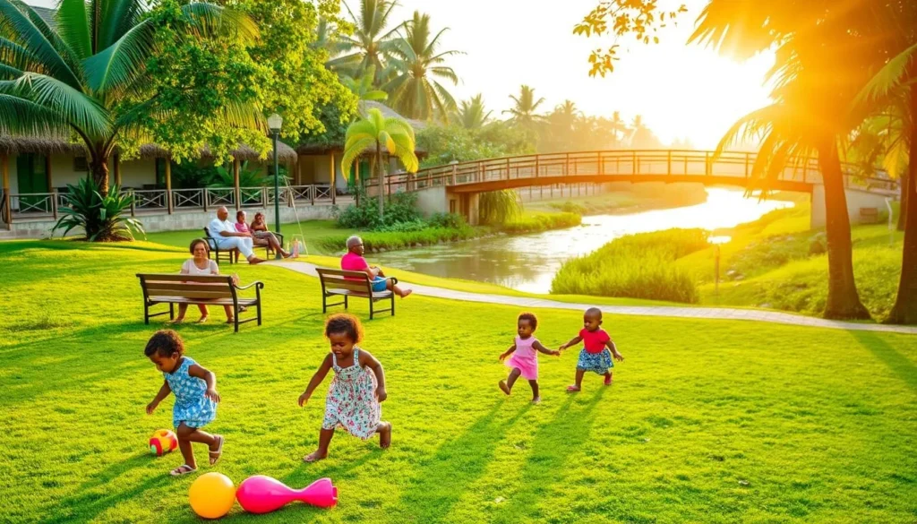 A picturesque outdoor scene in Akure, Nigeria showcasing a variety of family-friendly activities. In the foreground, children frolic on a lush, verdant lawn, playing with vibrant, colorful toys. In the middle ground, parents and grandparents relax on comfortable benches, enjoying the warm, golden sunlight filtering through the lush, tropical foliage. In the background, a serene river flows, with a small wooden bridge arching over it, inviting exploration. The atmosphere is one of tranquility and joy, capturing the essence of quality time spent together in this beautiful, family-oriented locale.