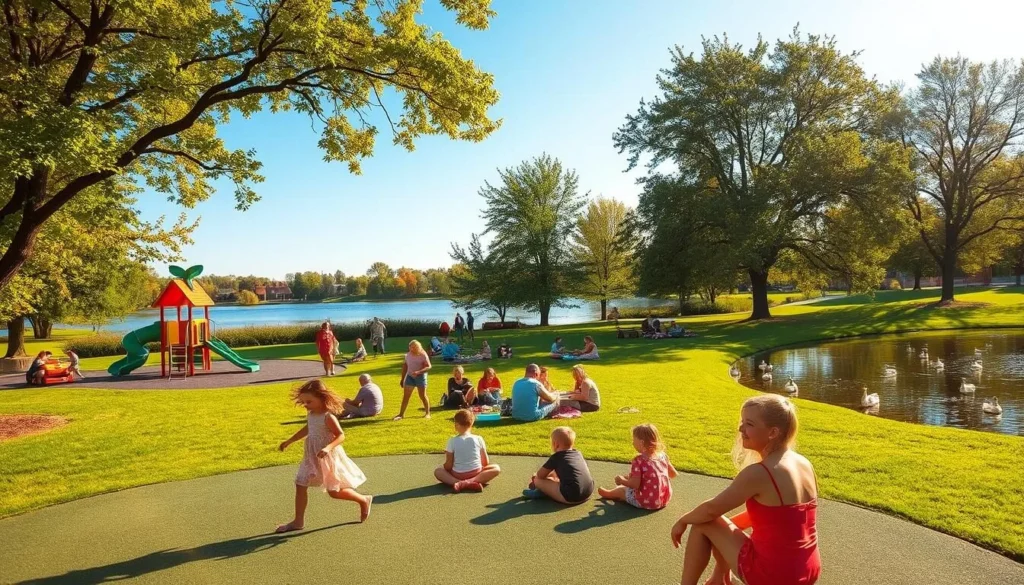 A picturesque outdoor scene in Grand Island, Nebraska, showcasing a variety of family-friendly activities. In the foreground, children play on a colorful, well-equipped playground, their laughter filling the air. In the middle ground, a group of families enjoy a picnic, spread out on a lush green lawn, surrounded by shady trees. In the background, a tranquil pond reflects the clear blue sky, with ducks swimming peacefully. The lighting is warm and golden, creating a serene and inviting atmosphere. The overall composition captures the vibrant and welcoming spirit of Grand Island, making it an ideal destination for a family-oriented day out.