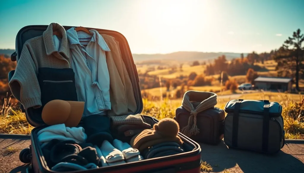A picturesque outdoor scene showcasing seasonal packing recommendations. In the foreground, a neatly organized suitcase displays clothing and accessories suitable for different weather conditions - from lightweight summer attire to cozy winter layers. The middle ground features a serene landscape with rolling hills, lush greenery, and a clear blue sky. Warm, natural lighting filters through, creating a welcoming ambiance. In the background, silhouettes of trees and structures hint at the overall setting. The composition emphasizes the harmony between nature, practical preparation, and the anticipation of a weather-savvy journey.