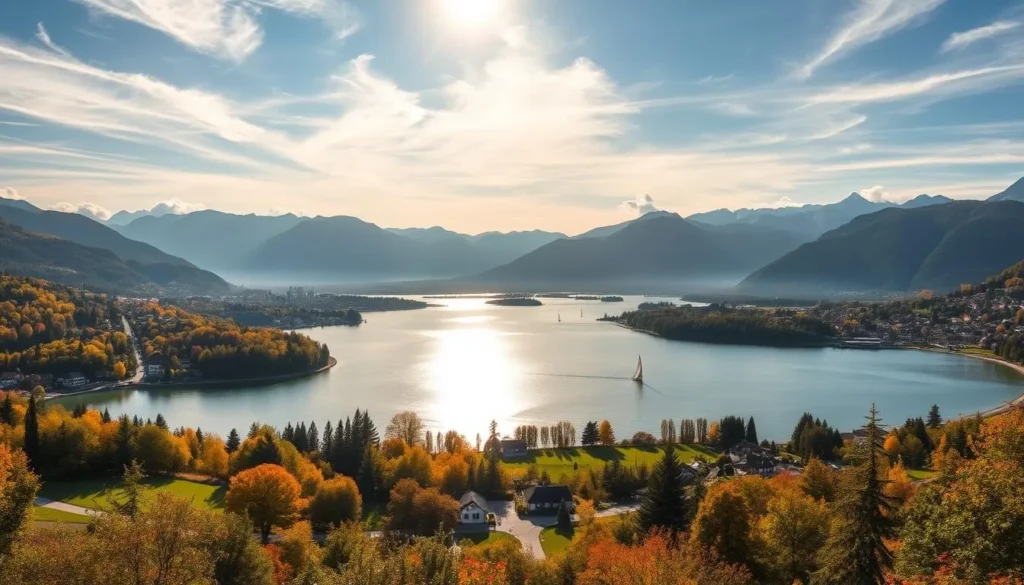 A picturesque panorama of Lake Zurich, Switzerland, with the majestic Swiss Alps as a breathtaking backdrop. Capture the tranquil waters reflecting the vibrant colors of the surrounding forests and meadows. Showcase the lakeside promenades, sailboats gently gliding across the surface, and the charming villages nestled along the shoreline. Bathe the scene in warm, golden sunlight filtering through wispy clouds, creating a serene and inviting atmosphere for nature lovers to immerse themselves in the beauty of this stunning alpine landscape.