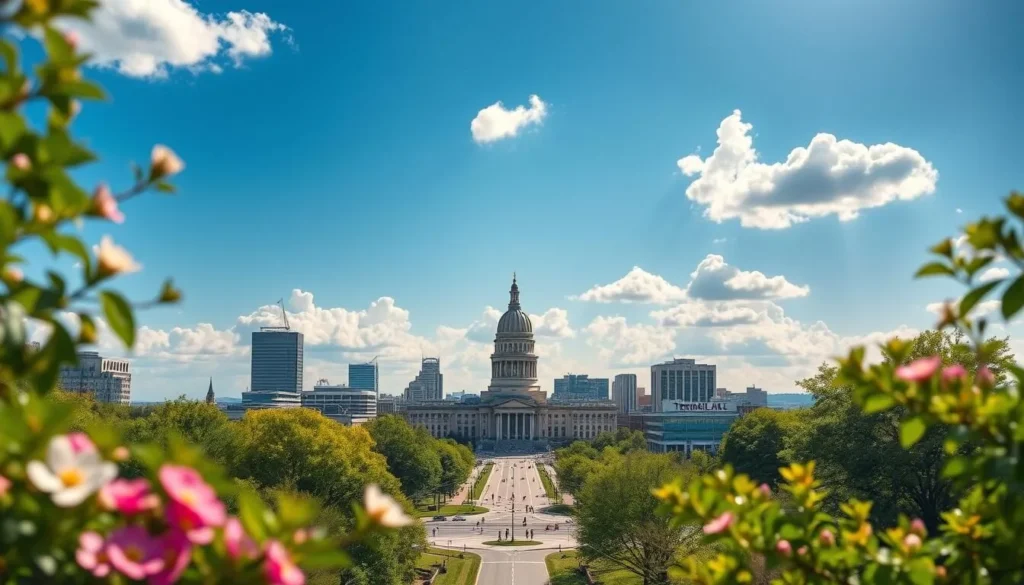 A picturesque panorama of Nashville's seasonal climate, captured on a pleasant spring day. In the foreground, lush greenery and blooming flowers frame a serene city skyline, with the iconic silhouette of the Tennessee State Capitol building standing tall. The middle ground showcases the bustling streets of downtown Nashville, with pedestrians strolling and enjoying the mild temperatures. In the background, a vibrant blue sky is dotted with fluffy white clouds, casting a warm, golden glow over the entire scene. The lighting is soft and natural, creating a inviting and welcoming atmosphere. Captured with a wide-angle lens, this image conveys the beauty and harmony of Nashville's seasonal climate.