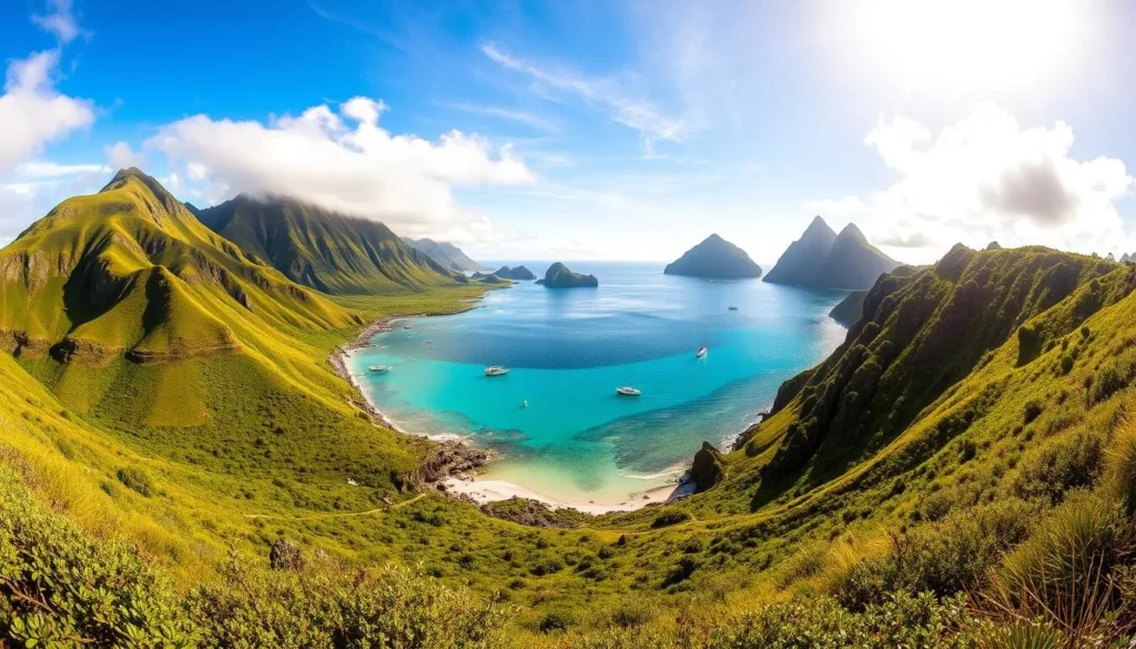 A picturesque panorama of Pitcairn Island, a remote British Overseas Territory in the South Pacific. Capture the lush, verdant hills and rocky cliffs that cascade down to a tranquil turquoise bay, where small fishing boats bob gently on the calm waters. Bathe the scene in warm, golden sunlight filtering through wispy clouds, casting a serene, idyllic atmosphere. Highlight the island's isolation and natural beauty, conveying the sense of a peaceful, untouched paradise waiting to be explored. Compose the frame to emphasize the dramatic landscape, with the island's iconic peaks towering in the background. Utilize a wide-angle lens to showcase the breathtaking scope of this tiny, picturesque island oasis.