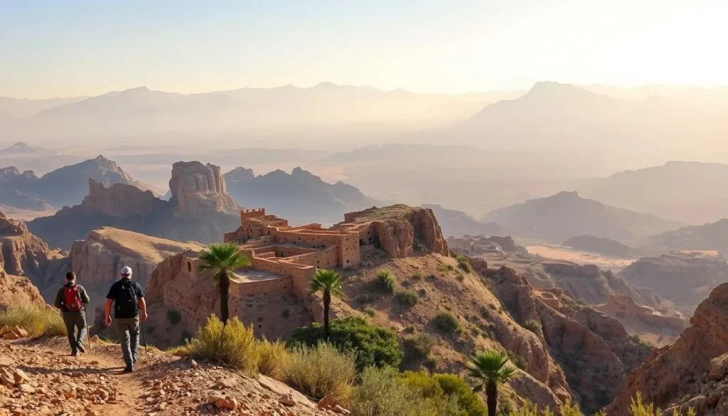 A picturesque panorama of the Dana Biosphere Reserve in Jordan, showcasing its diverse natural wonders. In the foreground, hikers traverse a rugged trail, taking in the breathtaking vistas of the arid landscape. The middle ground features a cluster of traditional stone dwellings, nestled between towering cliffs and lush vegetation. In the background, the striking silhouettes of distant mountains create a serene and dramatic backdrop, bathed in warm, golden light. The scene radiates a sense of tranquility and adventure, inviting the viewer to explore the wonders of this unique biosphere reserve.