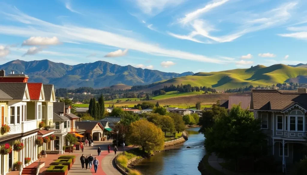 A picturesque panorama of the San Rafael area, nestled in the heart of Marin County, California. Capture the majestic San Rafael Mountains in the background, their rugged peaks kissed by the warm golden light of the sun. In the foreground, a vibrant townscape unfolds, with quaint Victorian-style buildings lining the streets, their facades adorned with colorful blooms. Pedestrians stroll leisurely, taking in the charming atmosphere. A winding river snakes through the scene, its glistening waters reflecting the surrounding landscape. Wispy clouds drift overhead, casting playful shadows on the lush, verdant hills that roll into the distance. This idyllic setting invites exploration and discovery, the perfect gateway to the natural wonders of the San Rafael region.