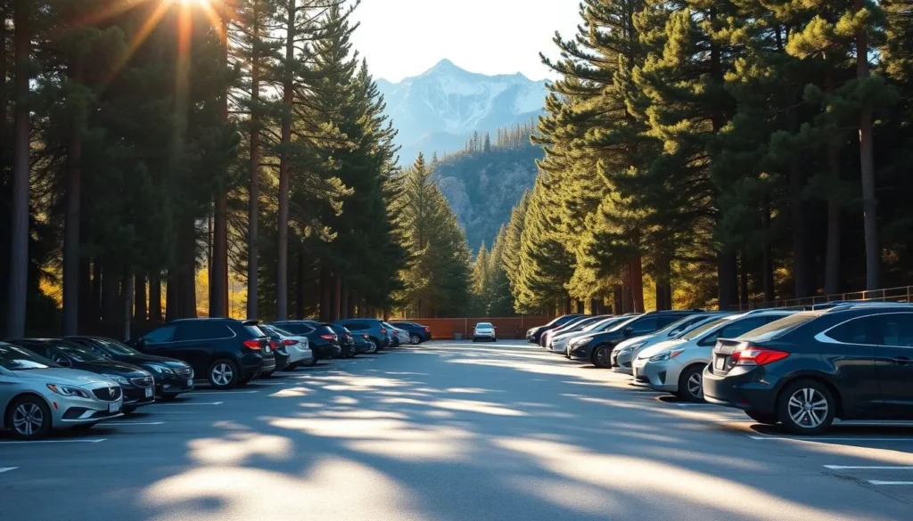 A picturesque parking area nestled at the base of the majestic Mount Baldy. Sunlight filters through the towering pine trees, casting warm shadows across the well-maintained asphalt. Cars are neatly arranged, leaving ample space for hikers to gear up for their outdoor adventure. In the distance, the rugged, snow-capped peaks of the Mount Baldy Range rise majestically, promising a day of exploration and breathtaking vistas. The scene exudes a sense of tranquility and anticipation, inviting visitors to embark on their journey through this stunning natural wonder.