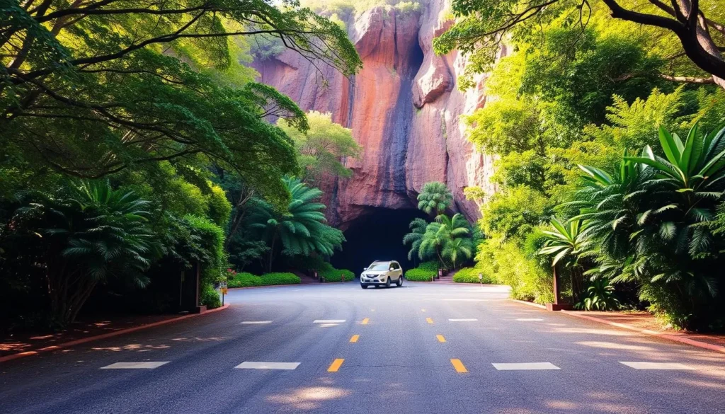 A picturesque parking area surrounded by lush, verdant foliage and the imposing presence of the Nahuku - Thurston Lava Tube. Sunlight filters through the canopy, casting a warm, golden glow over the scene. In the foreground, well-maintained gravel paths wind through the area, leading visitors towards the entrance of the geological wonder. In the middle ground, a few parked vehicles sit quietly, anticipating the arrival of adventurous travelers. The background is dominated by the towering, rust-colored walls of the lava tube, creating a sense of scale and natural wonder. The overall atmosphere is one of tranquility and anticipation, inviting visitors to embark on an extraordinary journey through Hawaii's volcanic history.