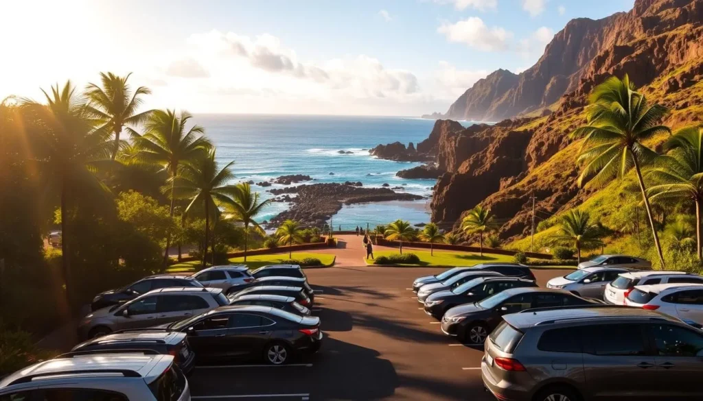 A picturesque parking lot along the lush, green coastline of Kauai, Hawaii, with the iconic Queen's Bath tidal pool in the distance. The sun casts a warm, golden glow over the scene, illuminating the rocky cliffs and swaying palm trees. Cars are neatly arranged in the foreground, surrounded by well-maintained landscaping. In the middle ground, a path leads towards the crystal-clear turquoise waters of the natural pool, inviting visitors to explore this stunning natural wonder. The background showcases the dramatic, rugged terrain of the island, creating a breathtaking backdrop for this tranquil scene.