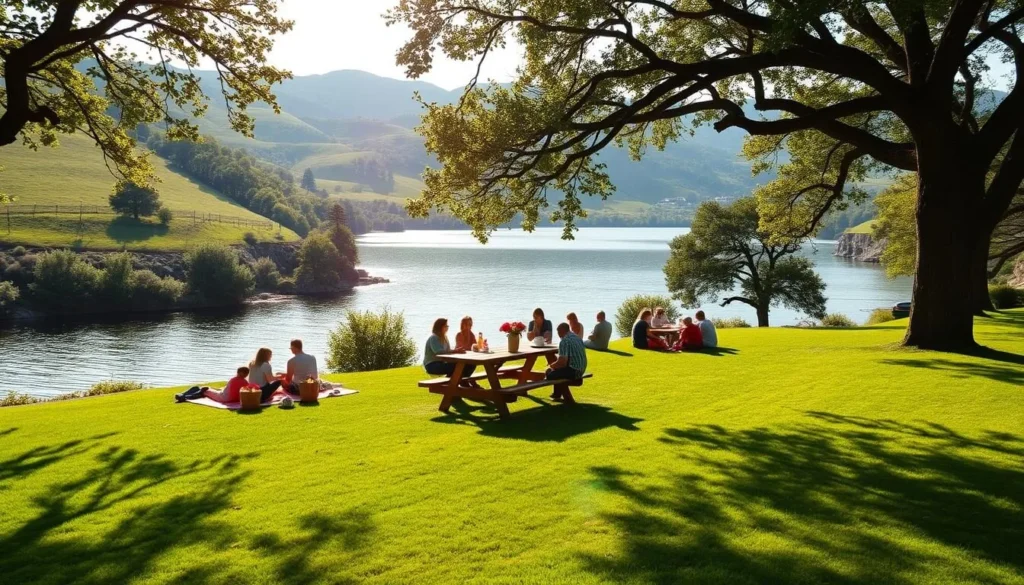 A picturesque picnic area nestled along the shores of a tranquil lake. Rolling green hills dotted with oak trees frame the serene landscape. A wooden picnic table sits invitingly under the dappled sunlight, surrounded by a lush, well-manicured lawn. Families gather, spreading out colorful blankets and unpacking bountiful baskets of delectable treats. The gentle lapping of waves and the chirping of birds create a soothing, idyllic atmosphere. Soft, warm lighting bathes the scene, capturing the beauty and peacefulness of this perfect day. A wide-angle lens showcases the expansive, picturesque setting, enticing visitors to this tranquil lakeside oasis.