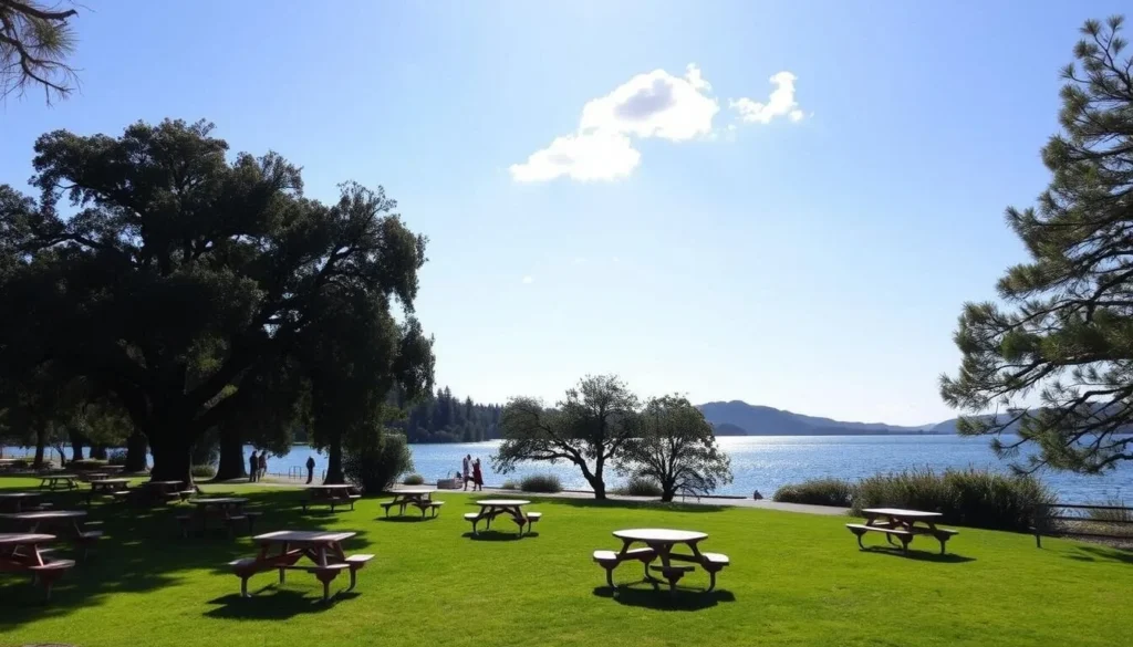 A picturesque picnic area nestled alongside the serene shores of Black Butte Lake. The foreground features a lush, green lawn dotted with neatly arranged picnic tables, some with red-and-white checkered tablecloths. In the middle ground, towering oak trees cast dappled shadows, their branches swaying gently in the warm breeze. Farther back, the tranquil lake reflects the clear, blue sky, with a few fluffy white clouds drifting overhead. The scene is bathed in the soft, golden light of a perfect sunny day, creating a peaceful and inviting atmosphere for a relaxing outdoor gathering.