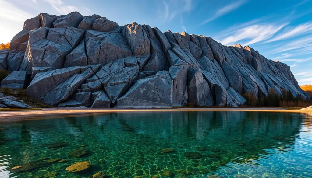 A picturesque quarry nestled in the heart of St. Cloud, Minnesota, the granite walls soar majestically, their weathered surfaces gleaming under the warm, golden sunlight. In the foreground, a tranquil pool of crystalline water reflects the rugged, geometric shapes of the quarry, creating a serene and captivating contrast. The middle ground showcases the intricate texture and hues of the granite, ranging from charcoal to silver, while the background gently fades into a boundless azure sky, dotted with wispy, cloud-like formations. Capture the essence of this geological wonder, conveying a sense of awe, timelessness, and the enduring spirit of the "Granite City."