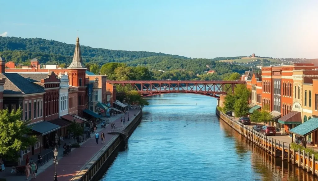 A picturesque river town nestled along the banks of the Missouri River, Saint Charles City radiates a charming and historic ambiance. Capture the quaint downtown district with its brick-paved streets, Victorian-era buildings, and antique shops lining both sides of the riverfront. In the foreground, people stroll along the riverwalks, enjoying the gentle breeze and the reflections of the historic landmarks in the tranquil waters. The middle ground showcases the iconic Katy Bridge, a former railroad crossing now converted into a pedestrian bridge, casting its elegant silhouette against a clear, azure sky. In the distance, the rolling hills and lush greenery of the Missouri countryside provide a picturesque backdrop, creating a harmonious and inviting scene that embodies the timeless allure of Saint Charles City.