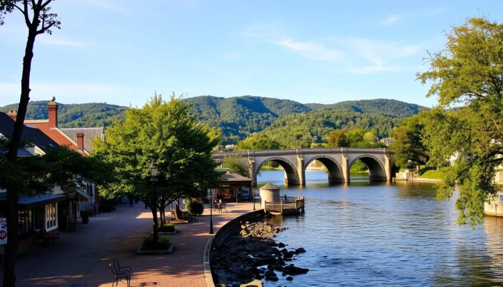 A picturesque riverfront scene in Frenchtown, New Jersey, on a pleasant afternoon. In the foreground, a cobblestone walkway winds along the banks of the Delaware River, dotted with quaint shops and cafes. Mature trees line the path, casting dappled shadows. In the middle ground, the historic stone bridge spans the river, its arches reflected in the calm waters. Beyond, lush green hills rise in the distance, bathed in warm, golden light. The atmosphere is tranquil and inviting, capturing the charming character of Frenchtown's riverfront.