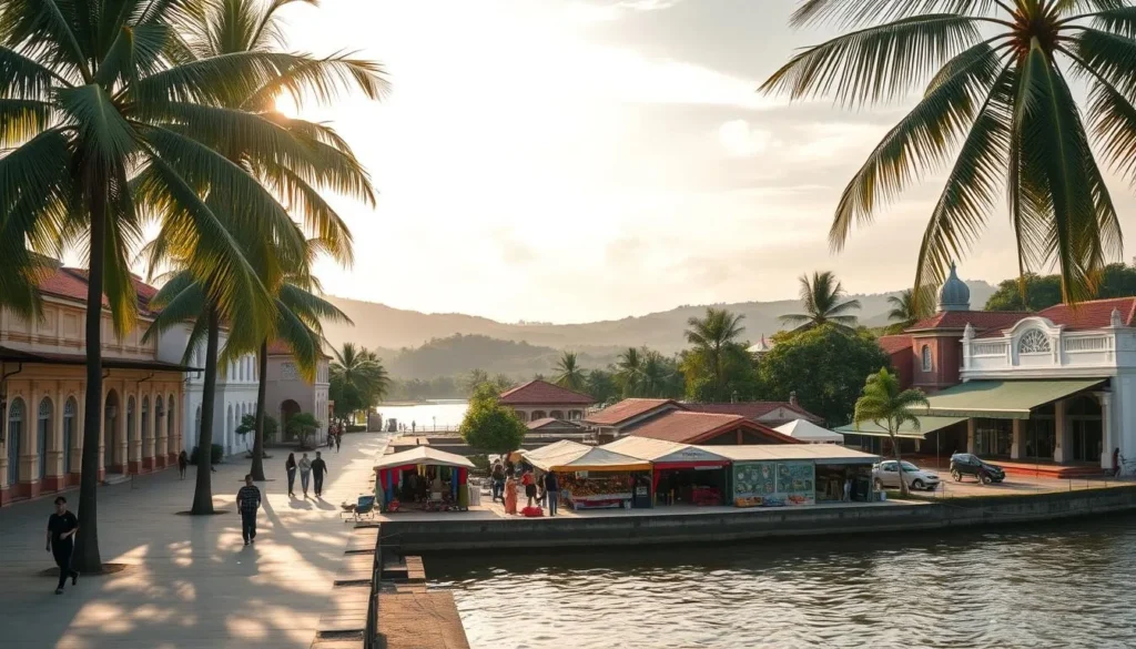 A picturesque riverfront town nestled along the Mekong River, Kratie showcases the tranquil charm of Cambodia. Capture the quaint colonial-style buildings lining the promenade, their pastel facades reflecting in the gently flowing waters. Framed by lush palm trees swaying in the breeze, pedestrians stroll along the riverside walkway, taking in the serene atmosphere. In the middle ground, a bustling local market offers a glimpse of daily life, with vendors selling an array of vibrant fruits and handicrafts. In the background, the verdant hills of the Cambodian countryside rise, creating a peaceful, idyllic backdrop. Warm, golden sunlight filters through wispy clouds, casting a soft, inviting glow over the entire scene. Convey the essence of Kratie's timeless beauty and the captivating allure of this riverside town.