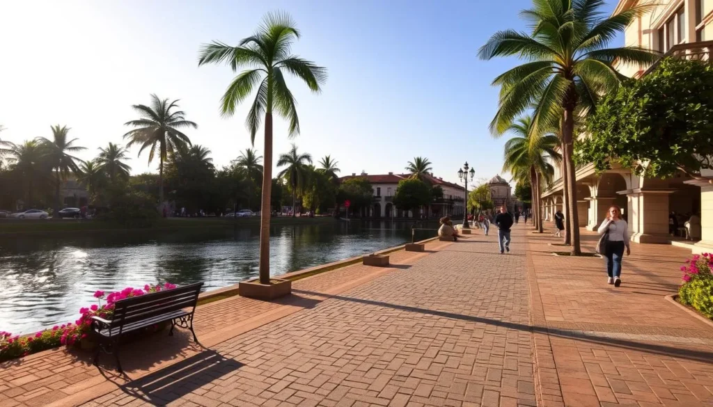 A picturesque riverside promenade in Tamazula, Mexico. Cobblestone paths wind along the tranquil Tamazula River, flanked by lush palm trees and vibrant flowering plants. Warm afternoon sunlight dapples the scene, casting gentle shadows and highlighting the serene ambiance. People stroll leisurely, taking in the scenic views of the river and surrounding architecture. Benches and ornate lamp posts dot the walkway, inviting visitors to pause and enjoy the peaceful setting. The architecture features a harmonious blend of traditional and contemporary Mexican styles, creating a charming and welcoming atmosphere. Overall, the Tamazula River Walk offers a delightful outdoor experience, perfect for a relaxing riverside excursion.