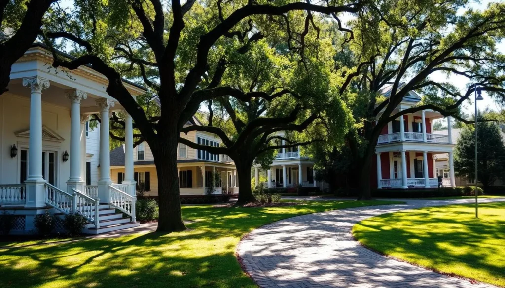 A picturesque row of historic homes nestled along a peaceful street in a quaint Mississippi town. The charming two-story structures feature classic southern architecture, with ornate columns, wraparound porches, and intricate moldings. Sunlight filters through the lush, overhanging trees, casting a warm, inviting glow upon the well-maintained facades. In the foreground, a cobblestone path winds its way through the scene, inviting the viewer to stroll and explore this enchanting historical district. The overall atmosphere exudes a sense of timeless elegance and small-town tranquility.