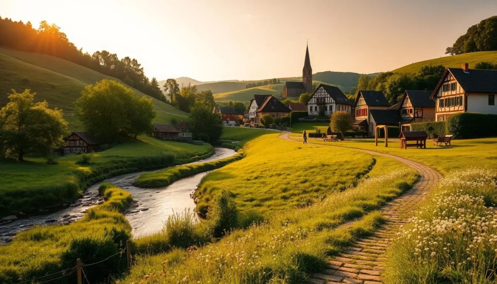 A picturesque rural landscape in the Alsace region of France, bathed in warm golden sunlight. Rolling hills dotted with quaint half-timbered houses, their vibrant facades reflecting in a meandering stream. In the distance, the steeple of a charming village church peeks out from a cluster of lush, verdant trees. Cobblestone paths wind through lush meadows, where wildflowers sway gently in a light breeze. A serene, off-the-beaten-path scene that captures the rustic charm and natural beauty of this enchanting corner of the French countryside.