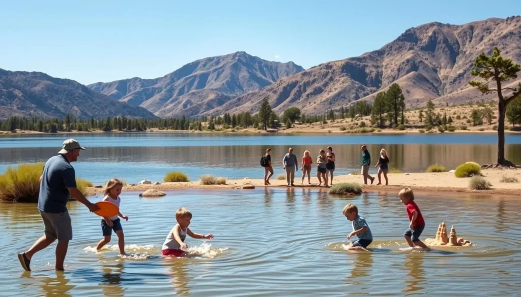 A picturesque scene at Spanish Flat Reservoir, California, on a sunny afternoon. In the foreground, a family of four - parents and two young children - enjoying various outdoor activities. The parents are engaged in a friendly game of frisbee, while the children play in the shallows, splashing and building sand castles. In the middle ground, a group of hikers stroll along the well-maintained trails, taking in the stunning natural beauty of the surroundings. In the background, the serene waters of the reservoir reflect the towering pine trees and rugged hills that frame the scene, creating a sense of tranquility and adventure. The warm, golden light of the late afternoon illuminates the entire tableau, evoking a mood of relaxation and family bonding.
