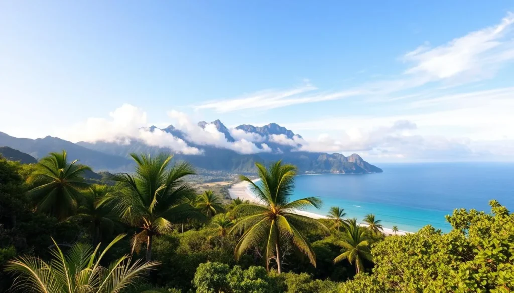 A picturesque scene depicting the unique climate of the Con Dao Islands in Vietnam. In the foreground, a lush tropical landscape with vibrant green foliage and palm trees swaying gently in a soft breeze. In the middle ground, a serene beach with pristine white sand and azure blue waters, partially obscured by wispy clouds. In the background, dramatic mountainous terrain, its rugged peaks bathed in warm, golden sunlight. The scene conveys a sense of tranquility and natural beauty, with a subtle contrast between the sunny conditions and the occasional cloud cover, reflecting the islands' distinct microclimate. Captured with a wide-angle lens to emphasize the depth and scale of the landscape.